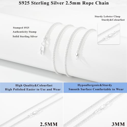 Avotto 925 Sterling Silver Solid 2.5mm 3mm Rope Chain Necklace for Men Boys, Sturdy Non-Fading Mens Boys Silver Chain Jewelry Gifts for Him 14/16/18/20/22/24 Inch3