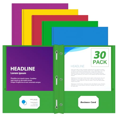 PANDRI 30 Pack Two Pocket Paper Folders with Prongs, Letter Size (5 Colors)