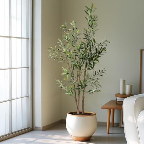 Erimda 5FT Artificial Olive Tree Tall Faux Silk Plant Tall Faux Olive Tree with Natural Wood Trunk...