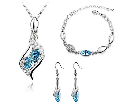 jingyuu Fashion - Conjunto de Collar y Pulseras de Cristal Azul para Mujer (1 Collar + 1 par de Pendientes + 1 Pulsera)