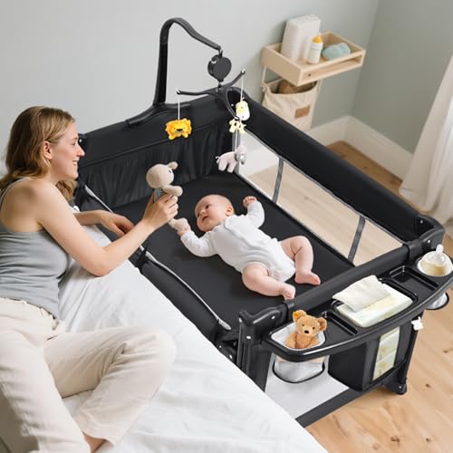 Image of Pack and Play, 5 in 1 Baby Bassinet Bedside Sleeper, Portable Baby Crib with Diaper Changer, Storage Rack& Music Box Toy Bar, 1-Step Assembly Foldable Playard for Newborn Toddlers(Black)