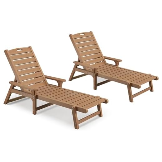 Psilvam Chaise Lounges Set of 2, Lounge Chairs with Adjustable Backrest, Supports Up to 350 lbs, All Weather Recliner Poly Lumber Lounges Bed for Poolside, Porch, Patio(Light Brown) (2)