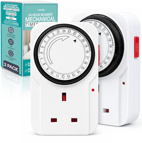 Tanness - 2 Pack Plug-In Timer Switch, 24 Hour Segment Timer Plug Socket UK w/Automatic On/Off for Home Security, Energy Saving, Countdown Control - For Lamps, Heaters & Appliances Up to 3120