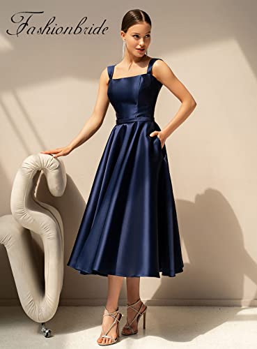 Women's Satin Mother of The Bride Dresses with Pockets A-line Tea Length Formal Evening Gown for Wedding3