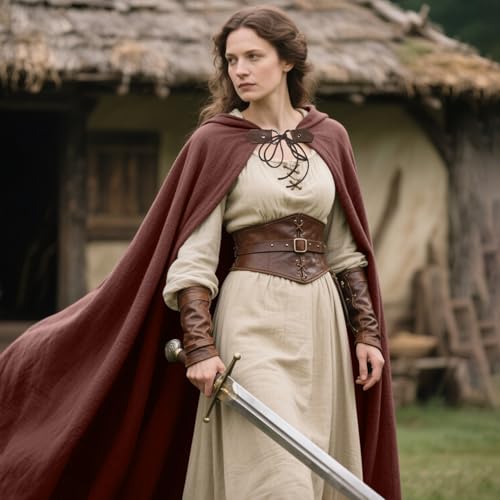 keland Mittelalter Umhang Leinen Kapuzenumhang Renaissance für Damen Herren Halloween (Braun)