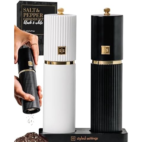 Styled Settings White and Black Salt and Pepper Grinder Set with Gold Accents – Set of Two Refillable Wooden Manual Grinders with Adjustable Ceramic Mills & Matching Wooden Stand - Ideal for Gifting Cover