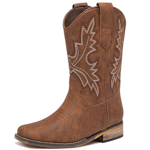 Dufannie Boys Cowboy Boots Western Brown Kids Cowboy Boots Youth Boy Horse Riding Shoes Size 3 Old West Wide Calf Square Toe Embroidered Cowgirl Shoes for Toddler Little Big Kids(D60101Brown 3)