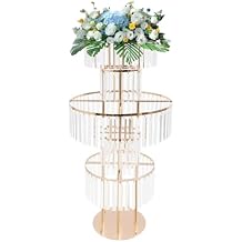 Gold Crystal Vases, 43.3in Metal Pedestal Stands for Table Chandelier Centerpiece Wedding, 5 Tier Round Flower Stand with Hanging Acrylic Crystals for Road Lead Flower Arrangement Decoration