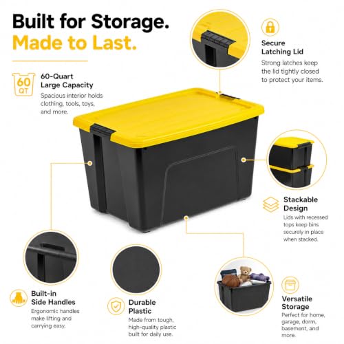 Image of Storage Bins 60 Qt Stackable with Lids 6 Pack for Garage Basemen | Durable Plastic with Side Handles - Lightweight and easy to carry. Ideal for garage, basement, closet, and office.