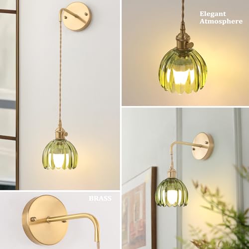 Image of Shenmoyl Battery Operated Wall Sconce with Green Tulip Shade Pattern Glass Adjustable Chain Retro Gold Wall Mounted Light, Modern Wall Lamp Fixtures Decor for Bedside Bedroom Indoor Doorway