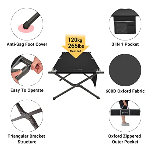 Kingcamp Xl Portable Folding Camping Cot For Adults, 81" X 30" Extra Long Wide Lightweight Sleeping Cot For Hiking, Backpacking, Outdoor With Side Pocket Camp Office Travel Use, Black #TOP3