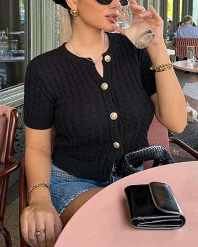 Image of Women Cable Knit Short Sleeved Sweater Cardigan Casual Button Up Soft Solid Sweater Shirt
