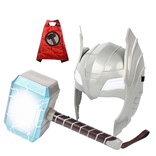 Kids Thors Hammer Toys Avengers Hero Thor Hammer et Cape Masque avec Son et lumière LED Thunders Hammer Halloween Cosplay Accessoires Arme Jour des Enfants Cadeaux d'anniversaire 28cm/11in