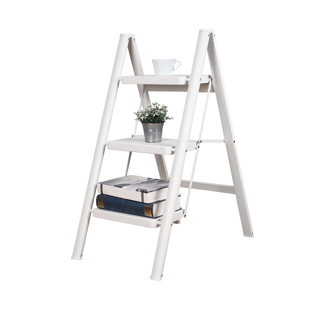 BAOYOUNI Scaletta Pieghevole Leggera e Portatile Scala Domestica 20 cm Pedale Largo Sgabello Antiscivolo Multiuso per Casa Cucina Ufficio Esterno, Portata massima 150 kg (3 Gradini, Bianco)