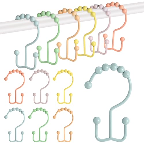 Image of Wenqik 12 Pcs Colorful Shower Curtain Hooks Bohemian Rainbow Color 304 Stainless Steel Rings Rust Proof Balanced Double Glide Shower Hooks for Curtain Bathroom(Macaron Color)