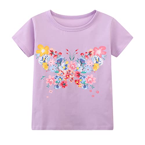 Girls' Short Sleeve Tees Shirts Ruffle Cotton Casual Graphic Butterfly Pink White Summer Crewneck Jersey Tunic Tops Size 7 #TOP2