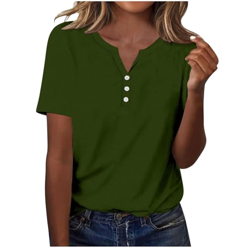 Basic Tees for Women Solid Color V Neck Button Up Short Sleeve Summer Henley Tunic Shirts Ladies Summer Going Out Top Army Green