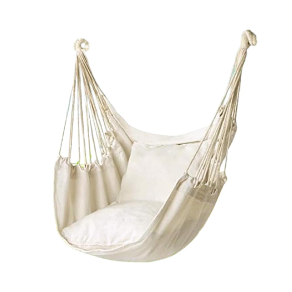 Fauteuil suspendu en coton durable pour jardin, balcon, chambre à coucher, intérieur et extérieur, avec coussin de siège, coussin et sac de rangement (blanc)