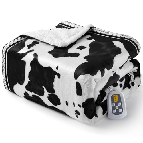 CAROMIO Heated Electric Blanket Full Size, Cow Print Fast Heating Blankets with LCD Controller, 10 Heat Levels & 1-12H Time Settings, ETL Certified, Machine Washable, Black White, 72" x 84" by CAROMIO - Used condition - US$25.24