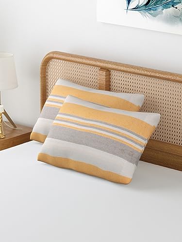 Image of 180 TC Pillow Cover Set of 2 | Pillow Cover Cotton 100% | Pillow Cover Set of 2 King Size | Wrinkle Free & Fade Resistance | Striped Pattern | Standard Size | All Season Use (Sand Yellow)