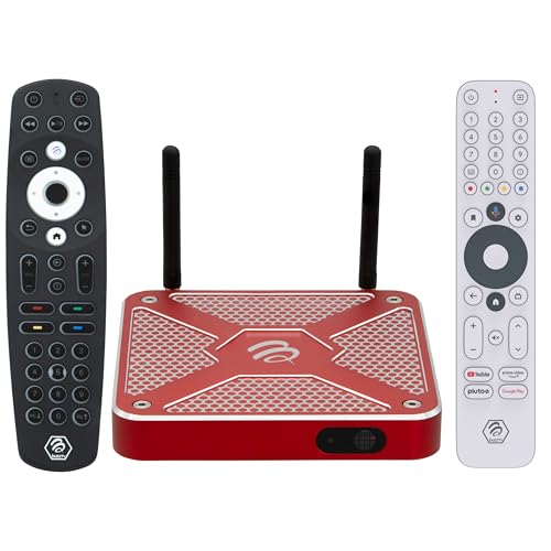 BuzzTV X5 SS Android 13 TV Box, 4GB DDR4 RAM, 128GB Storage, Scarlet Red Aluminum, Dual Voice-Controlled Remote, Wireless AX, USB-C, Global Power Adapters