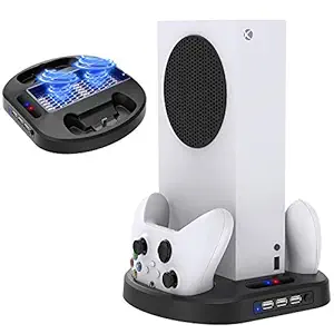 Vertical Stand for Xbox Series S with Cooling Fan Xbox Series S Stand Controller Charge Station with Dual Controllers EXT Port Charger Dock and 3 USB HUB