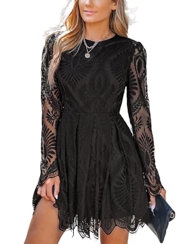 CUPSHE Damen Kleid Spitze Rundhals Herbst Freizeitkleid Transparente Langarm A-Linie Partykleid Elegant Minikleid Schwarz M