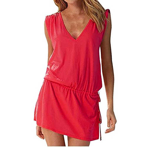 Hount Women Cover Up Casual Relaxed Sleeveless Beach Short Mini Dress (Red, XX-Large)