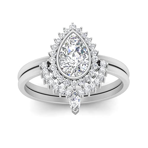 Image of 55Carat Choose Your Gemstone Bezel Pear Shape Halo CZ Diamond CZ Ring Sterling Silver Pear Shape Wedding Ring Sets Ornaments Surprise for Wife Symbol of Love Clarity Comfortable US Size 4 to 12