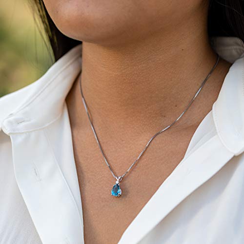 Peora London Blue Topaz With Diamond Pendant For Women 14K White Gold, Natural Gemstone Birthstone Teardrop Solitaire, Pear Shape, 10X7Mm, 2 Carats Total #TOP6