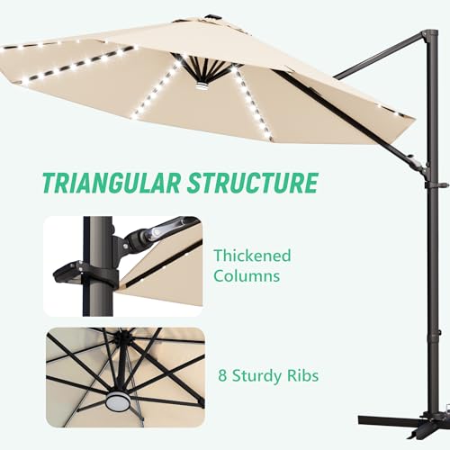 Image of Greesum 10FT Outdoor Patio Umbrella with High Pedel and 4 Gear Heights, Large Offset Umbrella with Solar LED Lights and 360-degree Rotation, Without Base, Hanging Outdoor Shade for Garden, Beige