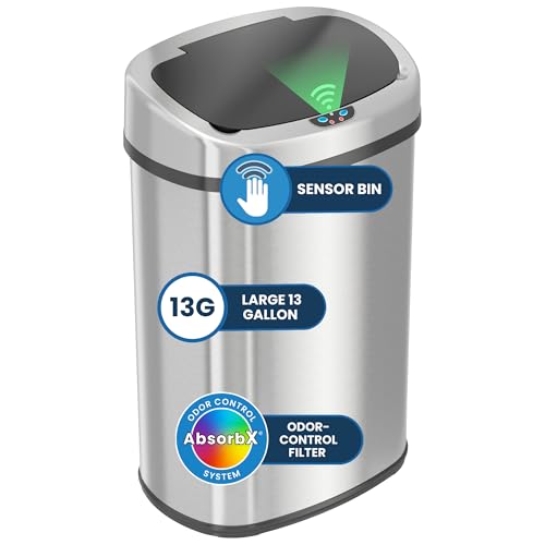 Image of iTouchless 13 Gallon Oval Sensor Trash Can with Odor Filter, Fingerprint-Proof Stainless Steel, 50 Liter Automatic Kitchen Garbage Bin, Smart Hands-Free Motion Lid, Quiet Soft-Close, Brushed Silver
