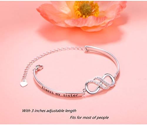 925 Sterling Silver Infinity Inspirational Bracelet with Message Always My Sister, Forever My Friend, Adjustable Sisters Bracelets Friendship Jewelry for Sister Women Girls