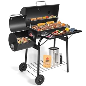 Charcoal BBQ Grill With Offset Smoker: Large Oil Drum Barbecue Barrel Grill with Charcoal Starter For Outdoor Garden