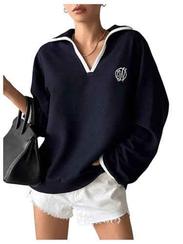 SHENHE Women's Oversized Sweatshirt Collared V Neck Long Sleeve Fall Preppy Pullover Sweatshirt