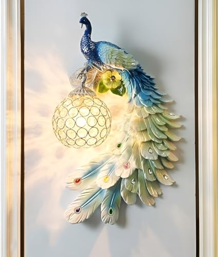 Image of Modern Peacock Wall Sconce | Resin Decorative Wall Lamp and Crystal Accents | European Retro Style Wall Light for Home Decor | Multicolour | Bulb Not Included