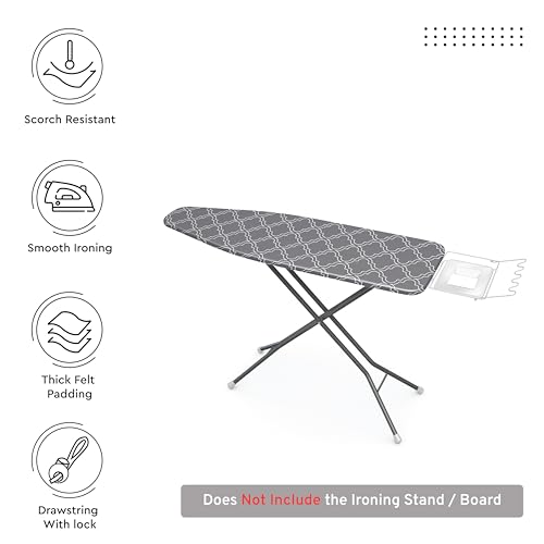 Encasa XO Ironing Board Cover with 3mm Thick Felt Pad for Steam Press (Fits Standard Large Boards of 125x39 cm) Heat Reflective, Scorch & Stain Resistant, Printed - Grey Tiles