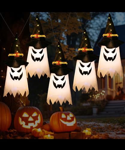Mr. Pen Halloween Hanging Lighted Glowing Ghosts, 5 pcs, Hanging Ghost Decorations, Outdoor Halloween Tree Decor