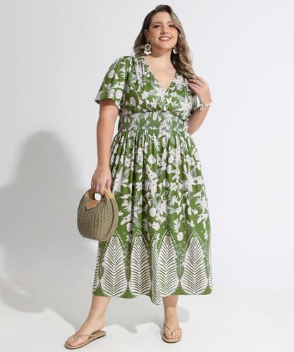 Image of CARCOS Plus Size Dresses for Curvy Women V Neck Summer Maxi Dress Short Sleeve Floral Boho Dress Smocked Waist Beach Dress
