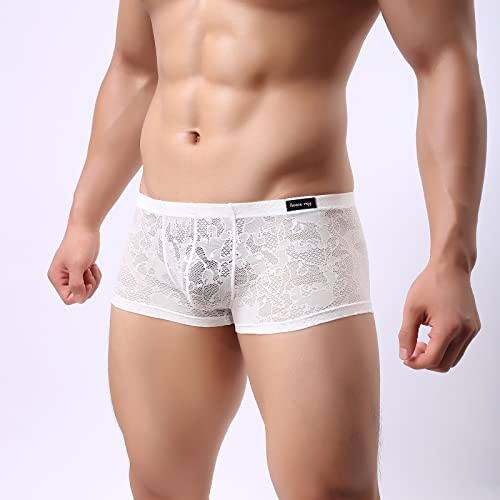 Evankin Men Breathable Underwear See Through Sexy Boxer Briefs Mesh Transparent Pants Male Soft Bikini Lace Underpants(White,M) #TOP2
