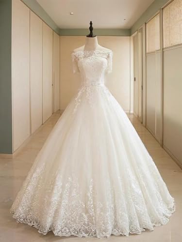 Women's Gorgeous Boat Neck Lace Wedding Dresses for Bride Short Sleeves Tulle Bridal Gown A Line Long Formal Dress4