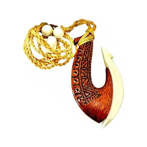 Hawaiian Jewelry Handmade Tattoo Koa Wood and Buffalo Bone Hawaii Fish Hook Pendant Necklace Cover