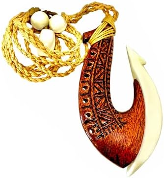 Hawaiian Jewelry Handmade Tattoo Koa Wood and Buffalo Bone Hawaii Fish Hook Pendant Necklace