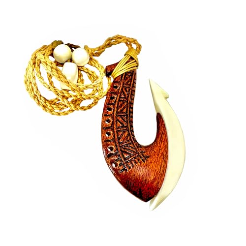Hawaiian Jewelry Handmade Tattoo Koa Wood and Buffalo Bone Hawaii Fish Hook Pendant Necklace