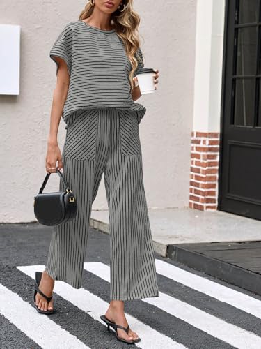 Image of Tankaneo Womens Striped 2 Piece Sets Short Sleeve T Shirts Wide Leg Pants Matching Lounge Set with Pockets