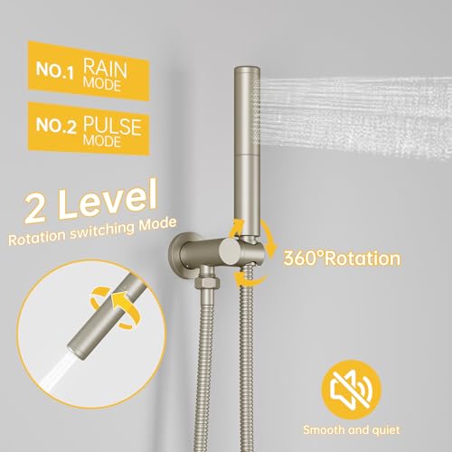 Image of BESy Shower System with 10 Inch Round Rain Shower Head and Handheld Wall Mounted, High Pressure Rainfall Shower Faucet Fixture Combo Set with 2 in 1 Handheld Showerhead for Bathroom, Nickel