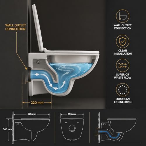 Image of KRISS KROSS Pacific Wall Hung Western Toilet | P-Trap Wall Outlet Commode with Soft-Close Seat Cover | Ceramic Wall Mounted EWC for Bathroom | White | 50.5 x 35.8 x 36.6 cm