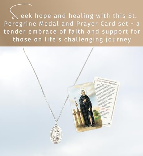 St. Peregrine Medal - Peregrine Medal for Women & Men on 18 Inch Chain, Prayer Card & Necklace - Patron Saint of Cancer Patients Set2