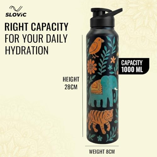 Image of SLOVIC Steel Water Bottle 1 Ltr | Incredible India Design Fridge Water Bottle | 100% BPA Free & leak-Proof | Sipper Water Bottles for Adults | Ideal for Gym, Sports & Camping