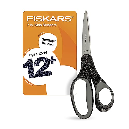 Fiskars 7 SoftGrip Student Glitter Scissors for Kids 12+ - Scissors for School or Crafting - Back to School Supplies - Black Glitter (Pack of 1)